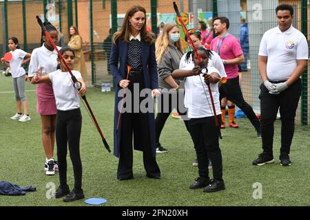 The Duchess of Cambridge at a an archery session during a visit to The Way Youth Zone in Wolverhampton, West Midlands. Picture date: Thursday May 13, 2021. Stock Photo