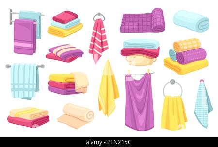 Bath towels. Cartoon folded towel, hanging cloth, rolled fabric. Kitchen or bathroom textile, cotton clothing materials isolated vector set for face, hands and body. Spa and hotel accessories Stock Vector