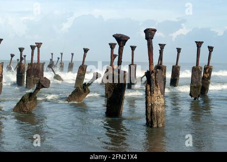 remains of old sea bridge at kappad beach,kozhikode,kerala.india Stock Photo