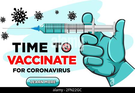 Hand of doctor or nurse in medical glove inject vaccine against coronavirus. Time to vaccinate poster or website landing page, vector on transparent b Stock Vector
