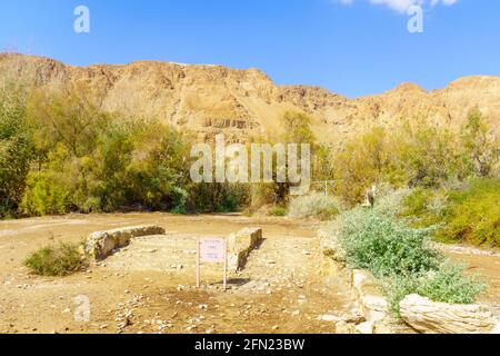 View of a sign marking the coastline (&stairs) of 1984, in Einot Tzukim (Ein Feshkha) Nature Reserve, on the North West coast of the Dead Sea, Souther Stock Photo