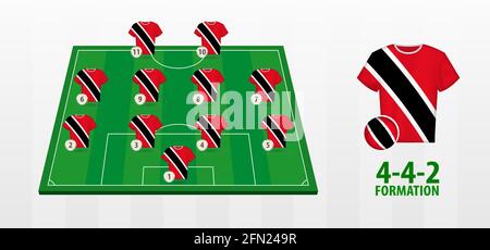 Trinidad and Tobago National Football Team Formation on Football Field. Half green field with soccer jerseys of Trinidad and Tobago team. Stock Vector