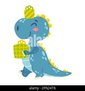 Cute little dinosaur carries gifts. Dragon goes to the happy birthday party with presents. Character for the design of posters, postcards, clothing. P Stock Vector