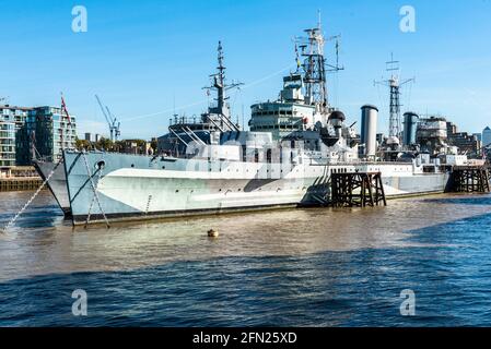 HMS Belfast. Second World war town class light cruiser, berthed at Tower Bridge, London Stock Photo