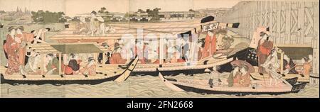 Pleasure Boats on the Sumida River beneath Shin-Ōhashi Bridge - ca. 1792 - Chōbunsai Eishi  - Japanese Stock Photo