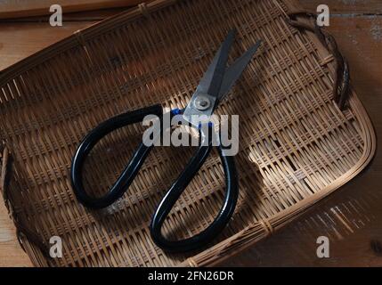 The scissors in the bamboo basket Stock Photo