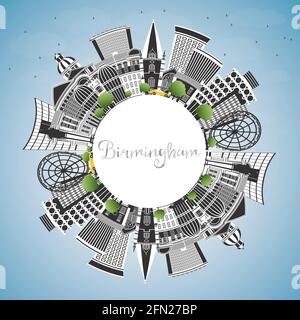 Birmingham UK City Skyline with Color Buildings, Blue Sky and Copy Space. Vector Illustration. Birmingham Cityscape with Landmarks. Business Travel. Stock Vector