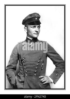 RED BARON WW1 portrait c1917 of Manfred Albrecht Freiherr von Richthofen, known in English as Baron von Richthofen, and most famously as the 'Red Baron', was a fighter pilot with the German Air Force during World War I. He is considered the ace-of-aces of the war, being officially credited with 80 air combat victories.  Richthofen wears the Pour le Mérite, the 'Blue Max', Prussia's highest military order, in this official portrait, c. 1917. Stock Photo