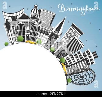 Birmingham UK City Skyline with Color Buildings, Blue Sky and Copy Space. Vector Illustration. Birmingham Cityscape with Landmarks. Business Travel. Stock Vector