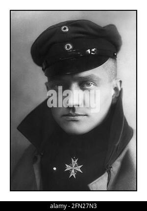 RED BARON portrait WW1 c1917 of Manfred Albrecht Freiherr von Richthofen, known in English as Baron von Richthofen, and most famously as the 'Red Baron', was a fighter pilot with the German Air Force during World War I. He is considered the ace-of-aces of the war, being officially credited with 80 air combat victories.  Richthofen wears the Pour le Mérite, the 'Blue Max', Prussia's highest military order, in this official portrait, c. 1917. Stock Photo