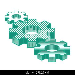 Three Gears Isolated on White. Teamwork Concept. Vector Illustration. Outline Isometric Icon for Infographic, Website or App. Stock Vector
