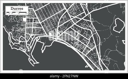 Durres Albania City Map in Black and White Color in Retro Style. Outline Map. Vector Illustration. Stock Vector