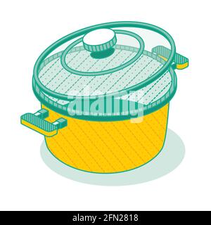 Outline Isometric Saucepan with Lid Isolated on White Background. Vector Illustration. Kitchen Object. Kitchenware Tool for Cooking. Empty Pan. Stock Vector