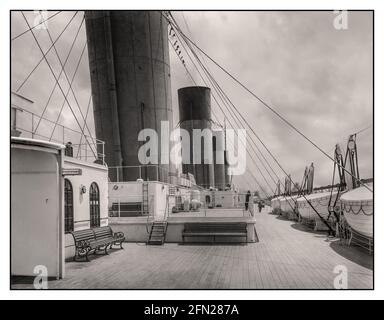 The starboard boat deck on RMS Aquitania with two tiers of lifeboats ...