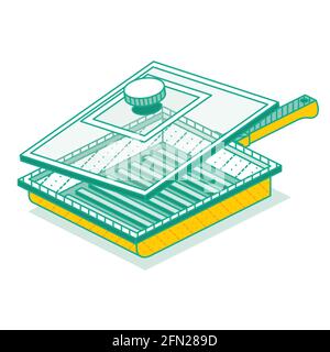 Outline Isometric Grill Pan with Lid Isolated on White. Vector Illustration. Kitchen Object. Kitchenware Tool for Cooking. Empty Pan. Stock Vector