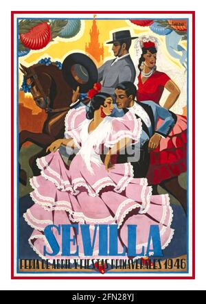 SEVILLA Vintage Spanish Travel Poster Spain 1946 Seville April Fair Travel Poster Vintage 1946 advertising poster by J. Baena announcing the annual Seville April Fair Fiesta which is held in Andalusian capital Spain every year Stock Photo