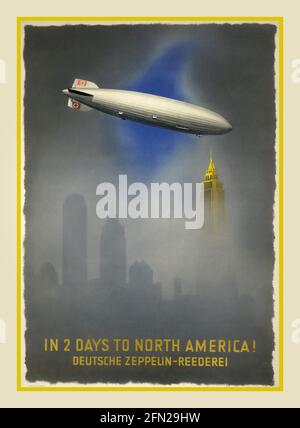 Hindenburg Zeppelin airship, emblazoned with Nazi swastikas, flying over New York Vintage German Zeppelin Travel Poster 1930's Vintage airline posters,Travel posters Zeppelin Reederei,' in 2 days to North America!' by JUPP WIERTZ  Nazi Swastika emblem on tail fins Aviation Art Deco 1930 Balloon Building Dirigible Germany New York USA Stock Photo