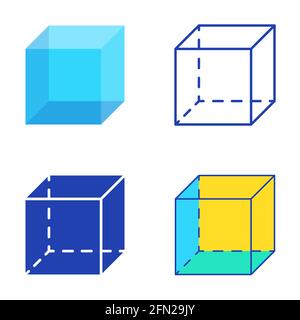 Geometric cube icon set in flat and line style. Geometry symbol. Vector illustration. Stock Vector