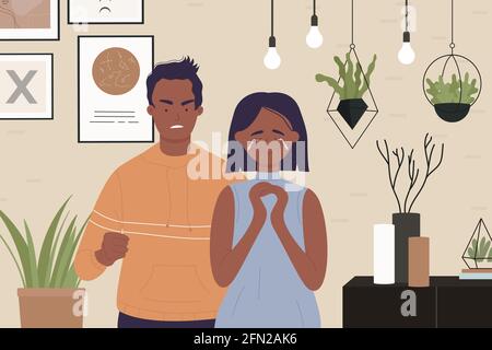 Family abuse, couple people quarrel criticize vector illustration. Cartoon young angry husband screaming at wife, quarreling in anger, woman character crying, divorce conflict conversation background Stock Vector