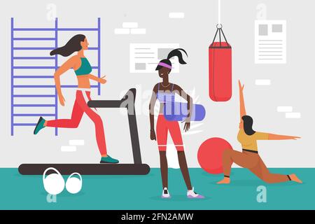 People doing sports workout in gym vector illustration. Cartoon young sportive woman characters in sportswear training body, girls run on treadmill, practice yoga pilates healthy exercise background Stock Vector