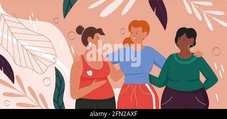 Body positive movement, love yourself concept vector illustration. Cartoon overweight girl friends characters in sportswear standing and hugging, happy beautiful plus size women love and pride body Stock Vector