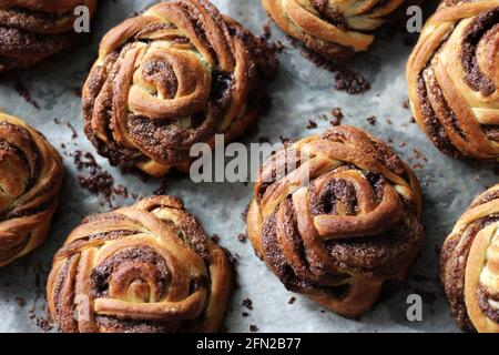 Cinnamon Buns on Baking Tray. Homemade Bakery. Stock Photo