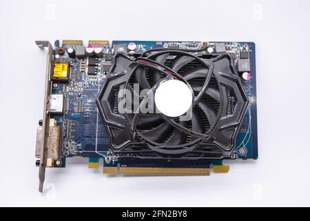 Computer Graphics card or display card and Circuits :DVI, Display port connectors Isolated on white background. Stock Photo