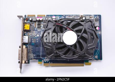 Computer Graphics card or display card and Circuits :DVI, Display port connectors Isolated on white background. Stock Photo