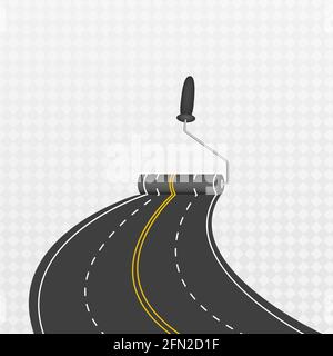 Laying a winding road. Traffic on a curved highway. The road to the horizon in perspective. Stock Vector