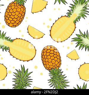 Seamless pattern with pineapples. Vector. Pattern with whole fruits, halves and pieces. Bright background with exotic fruits. Food pad for packaging a Stock Vector