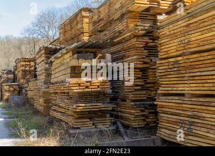 Lots of stacked wooden boards on a lumber yard in sunny ambiance Stock Photo