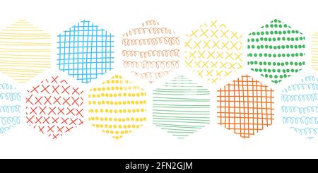 Doodle Hexagon Seamless vector border. Colorful abstract Geometric Honeycomb Shapes repeating horizontal kids pattern. Stylish Tiles with different Stock Vector