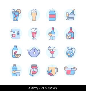 Drinks - modern line design style icons set. Cafe or restaurant menu, hot and alcoholic beverages. Mojito, beer, soda, champagne, coffee, wine, whiske Stock Vector