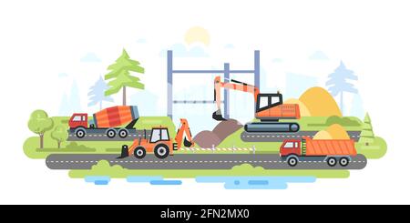 Construction site - colorful flat design style illustration. Images of special vehicles, truck, excavator, backhoe loader, concrete mixer. Excavation Stock Vector