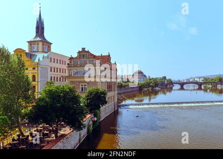 :The Museum of Czech Composer Bedrich Smetana by the River Vltava, Prague, seen from the Charles Bridge. dedicated to the famous composer, Stock Photo