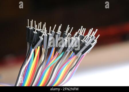 Jumper wires which is male type mainly used in making breadboard connections related to electronics projects, multicolor jumper wire Stock Photo