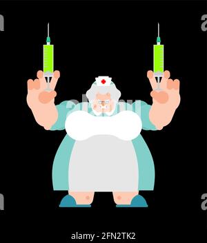 Angry nurse. sinister doctor with two syringes Stock Vector