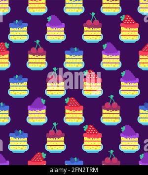 Desserts pattern seamless. cake piece in plate background. Blueberries and cherries. Strawberries and blackberry Sweets vector texture Stock Vector