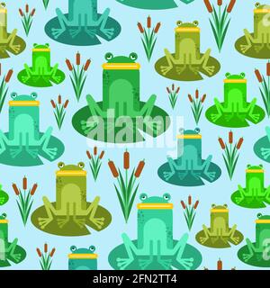 Frog cartoon pattern seamless. frog sitting on lily background. Swamp with frogs texture Stock Vector