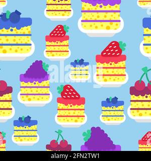 Desserts pattern seamless. cake piece in plate background. Blueberries and cherries. Strawberries and blackberry Sweets vector texture Stock Vector