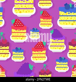Desserts pattern seamless. cake piece in plate background. Blueberries and cherries. Strawberries and blackberry Sweets vector texture Stock Vector