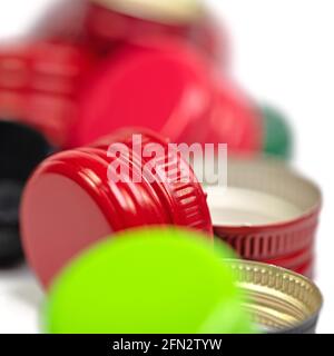 Close-up of old aluminum bottle caps Stock Photo