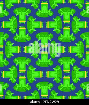 Frog cartoon pattern seamless. frog sitting on lily background. Swamp with frogs texture Stock Vector