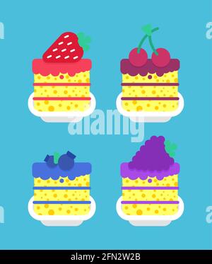 Desserts set cake piece in plate. Blueberries and cherries. Strawberries and blackberry Sweets vector illustration Stock Vector