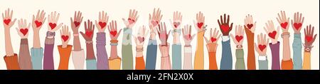 Large Group of diverse people with heart in hand. Arms and hands raised. Charity donation and volunteer work. Support and assistance. People diversity Stock Vector