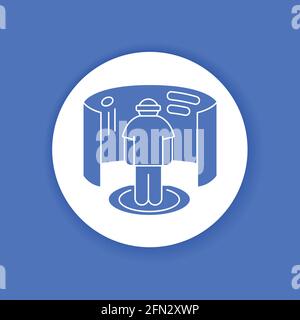 Virtual reality gaming black glyph icon. Man in VR helmet gaming on platform. Cyberspace, simulation, interactive. Pictogram for web page, mobile app. Stock Vector