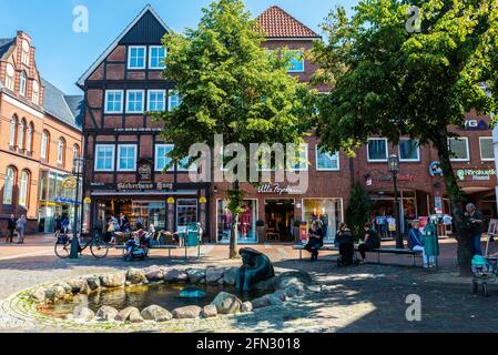 Hansestadt Stade, Germany - August 22, 2019: Shopping street with shops and people around in Hansestadt Stade, Lower Saxony, Germany Stock Photo