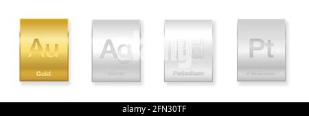 Gold, silver, platinum and palladium bars. Four precious metals, chemical elements with a high economic value - illustration on white background. Stock Photo