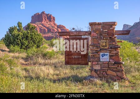 Bell Rock Vista sign on a Spring morning. Sedona, Arizona, USA. Stock Photo