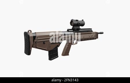 A modern automatic bullpup carbine with a telescopic sight. Weapons for defense and attack. Arming the police, special units and the army. Isolate on Stock Photo